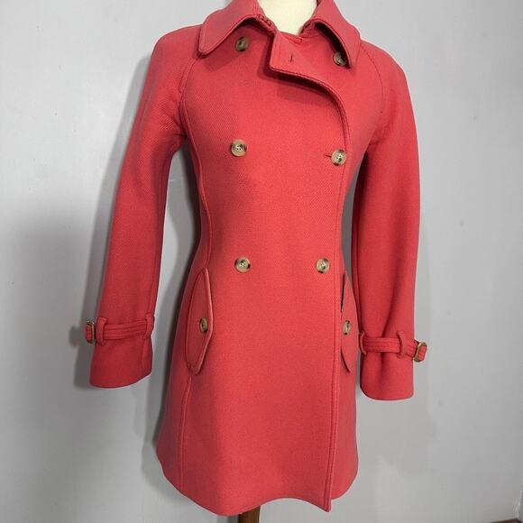 J Crew Stadium Cloth Womens Peacoat Sz 2 Coral Red Belted Rare Nello Gori Preppy - Picture 10 of 14